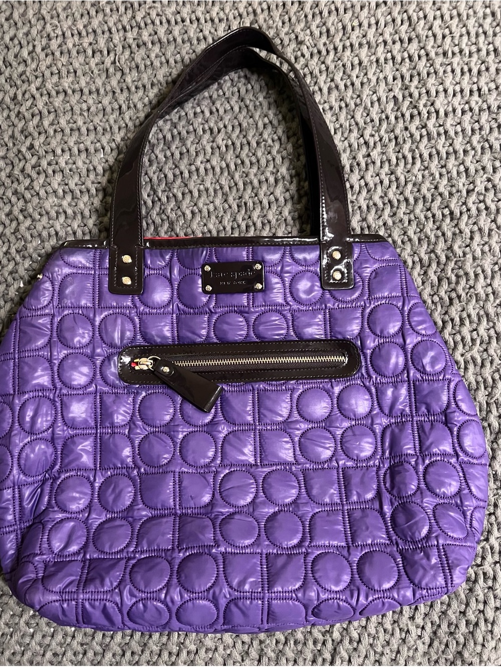 KATE SPADE Purple Quilted Nylon Bag, Black Patent Leather Handles/ Red Lining